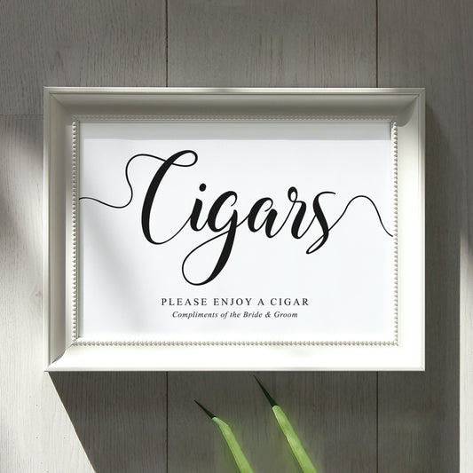 printable cigar bar sign in a white frame on rustic wood wall